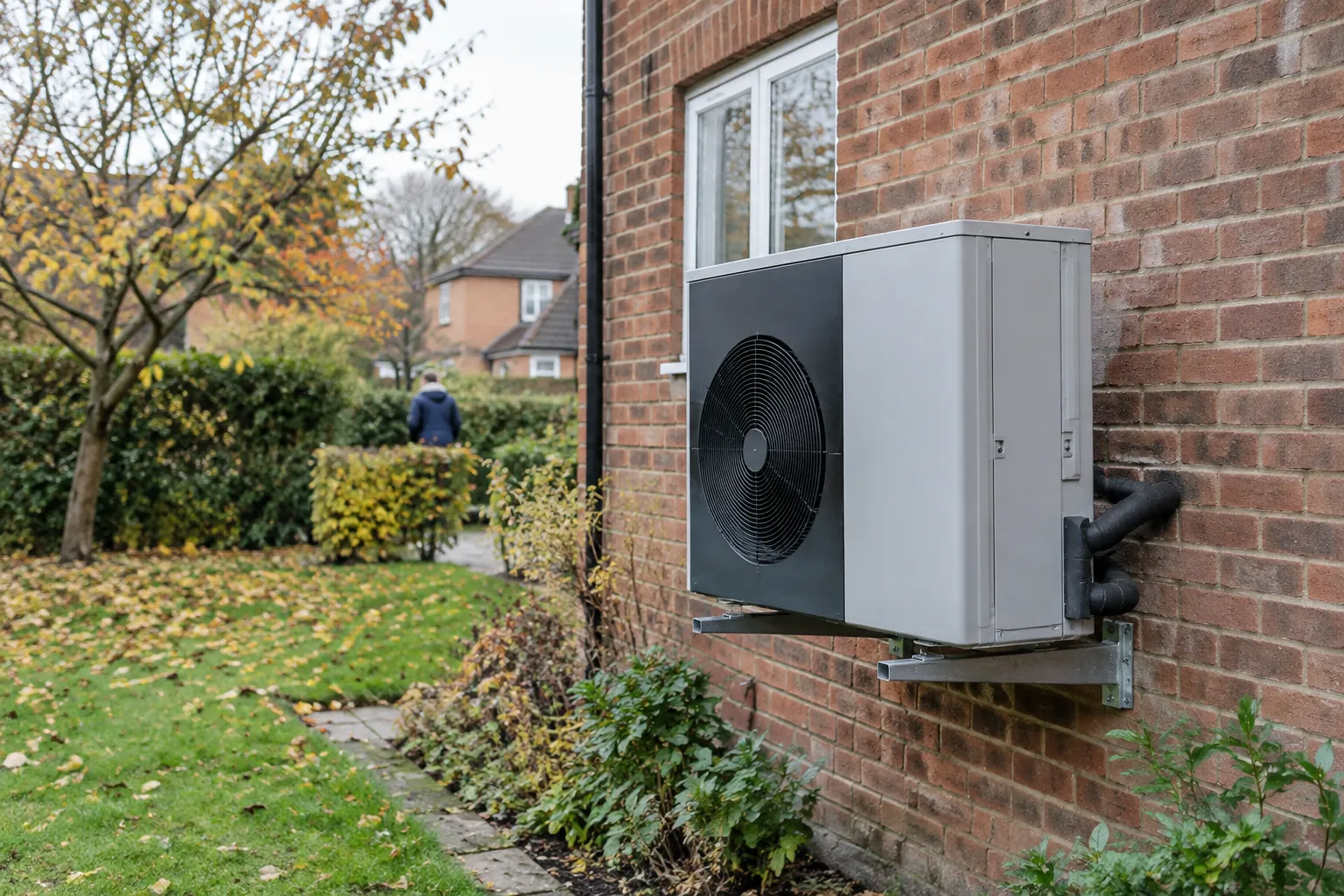 Air source heat pump unit mounted on a house wall