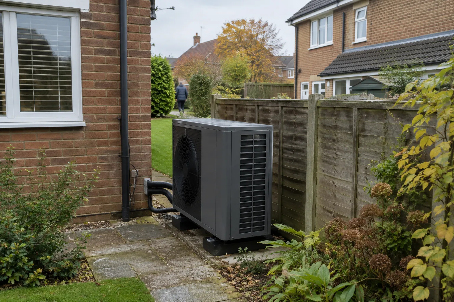 Heat pump unit positioned near a garden fence boundary