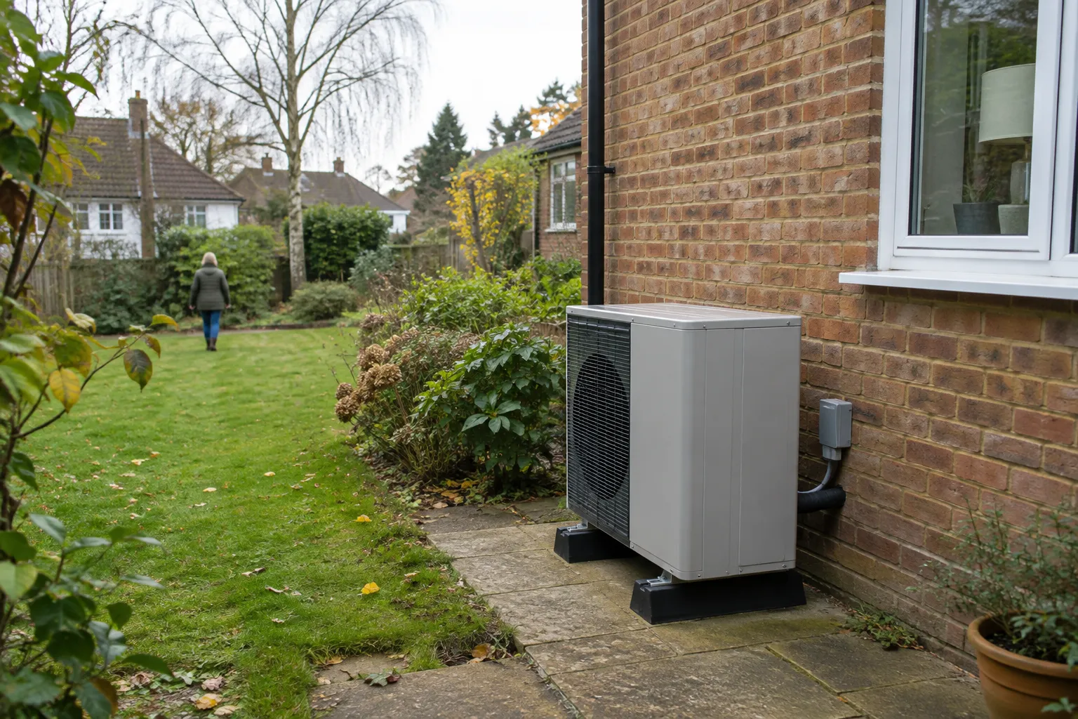 Heat pump unit in a quiet garden setting