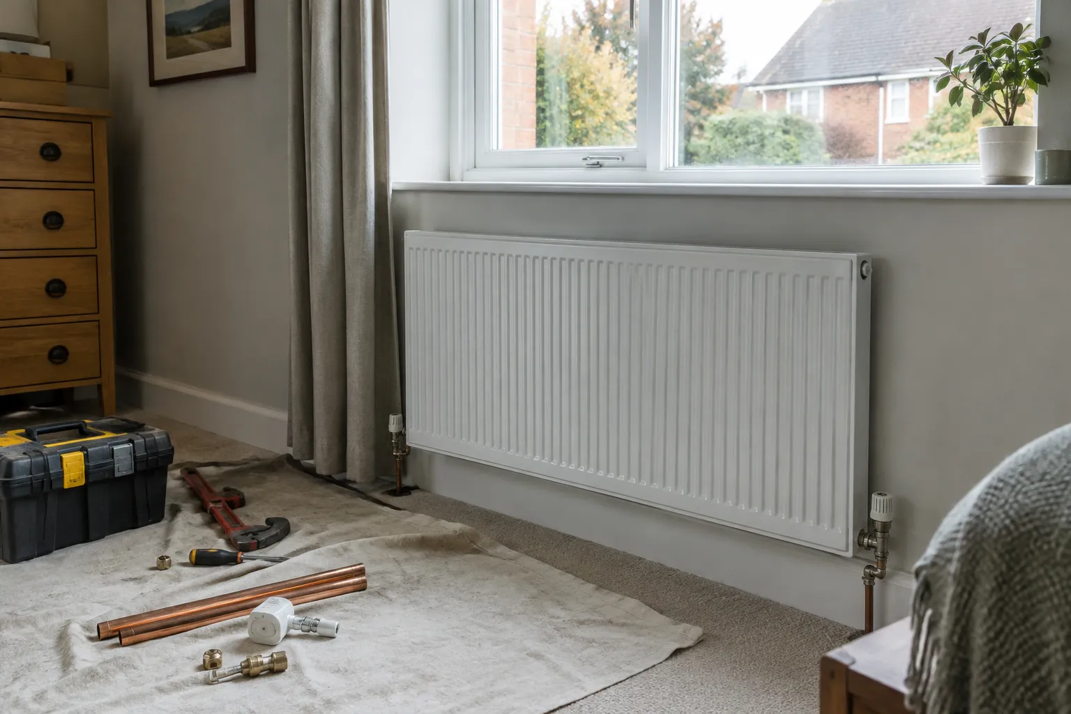 A radiator being fitted inside a home