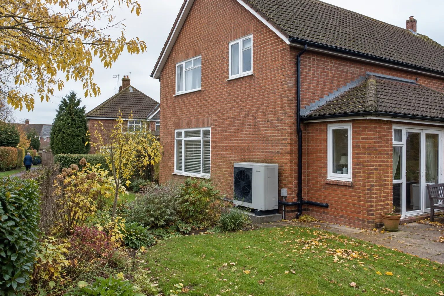 English house with an air source heat pump outside